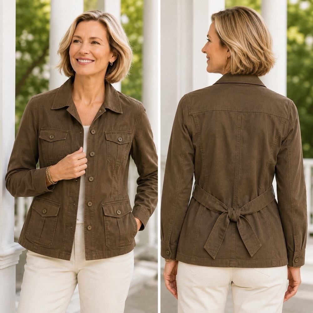 Talbots Brown Stretch Utility Jacket Womens Size 14 Safari Chic Belted Career